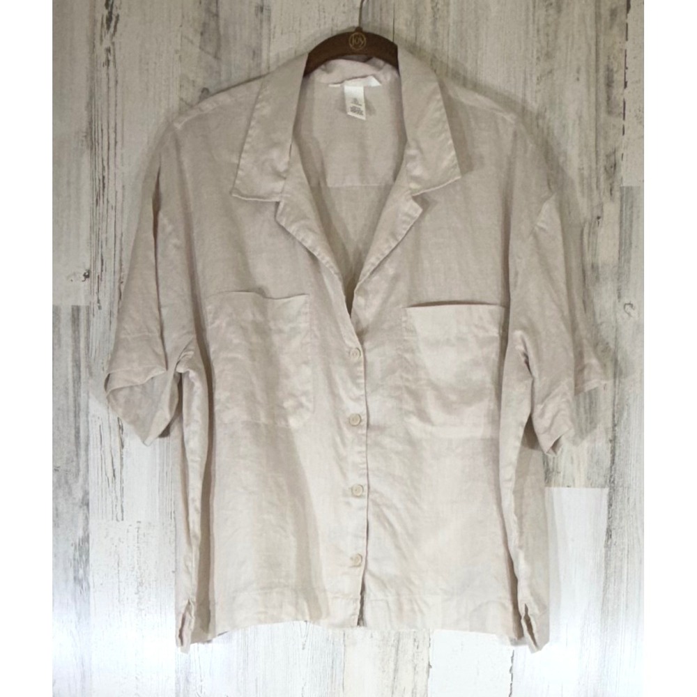 H&M Linen Button Down Shirt Large Beige Short Sleeve Camp Collar Pocket Relaxed